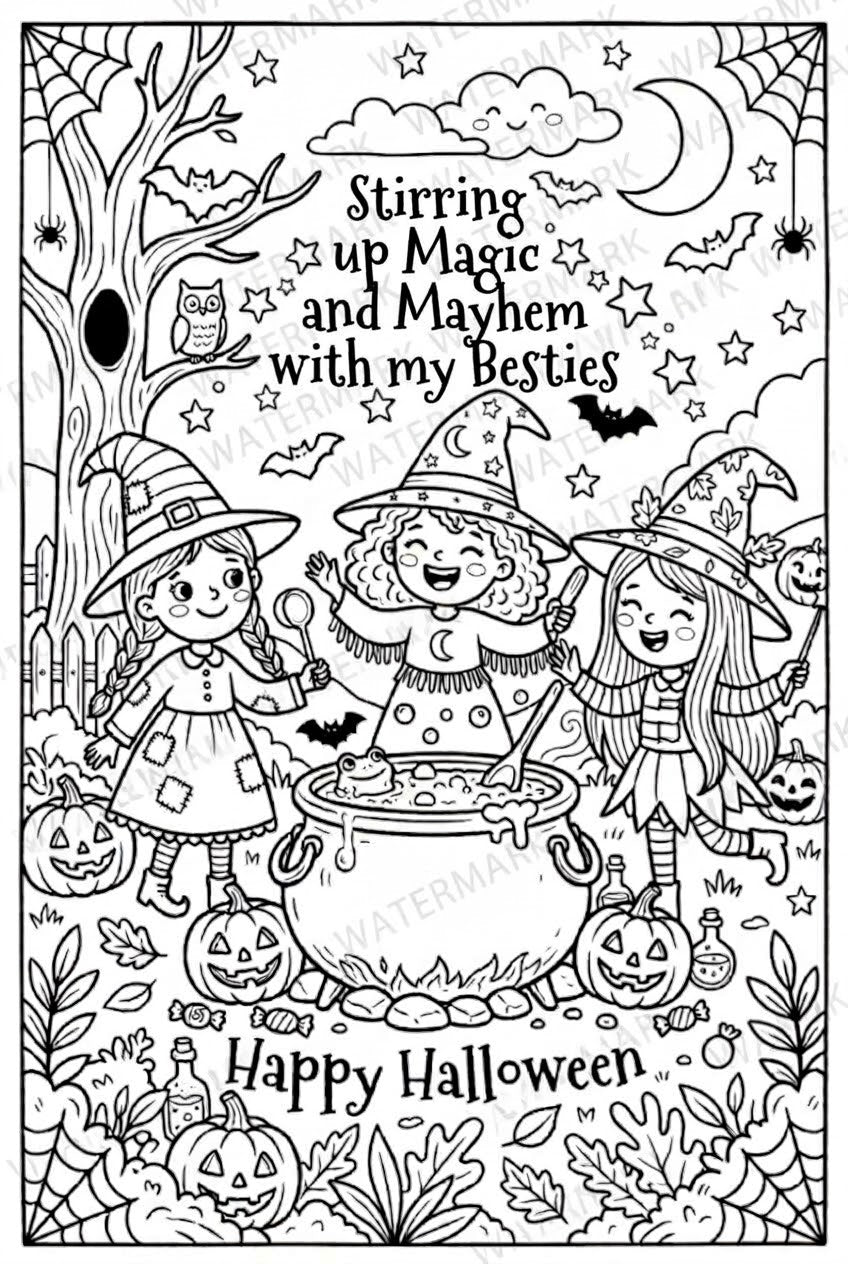 🎃 Stirring Up Magic and Mayhem with My Besties! 🧙♀️✨ Spooky Halloween Colouring in Sheetp